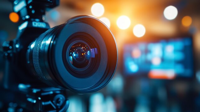 Film and television studio with cameras and equipment on stage under a spotlight