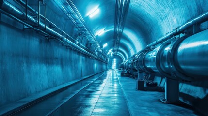 Fototapeta premium A long tunnel with pipes and a blue light