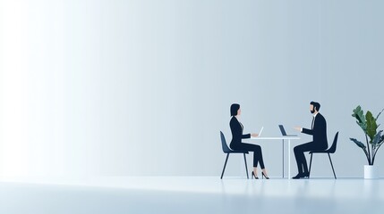 Two business professionals sit at a small table in a contemporary office. They are discussing strategies while focused on their laptops in a well-lit environment