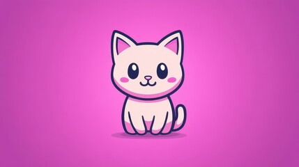 Fototapeta premium A charming cartoon cat character sits happily with a wide-eyed expression. The cat's soft, pale fur contrasts nicely with the vibrant pink background, creating an adorable visual appeal