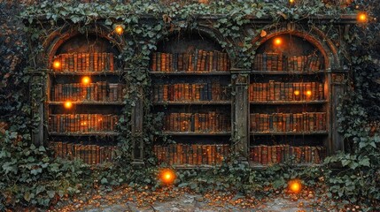 Obraz premium Enchanting Old Bookshelf Overgrown with Ivy Magical Forest Photography Mystical Close-up Nature's Beauty