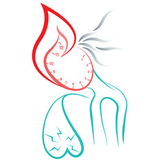 Abstract illustration symbolizing burnout and mental health. Features a clock as time pressure, a flame for emotional exhaustion, and a cracked heart representing emotional fragility and distress.