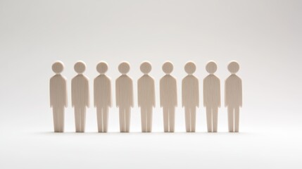 A lineup of wooden figures stands on a smooth surface, showcasing various heights and shapes. The minimalist background highlights their simplicity, symbolizing individuality and harmony
