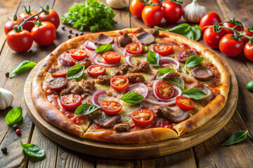 Meat Lovers Pizza with tomatoes and mushrooms