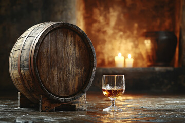 Oak barrel and brandy glass by fireplace in cellar, cozy drink ad