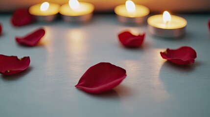 A serene arrangement of red rose petals scattered around glowing candles, creating a romantic and tranquil ambiance.