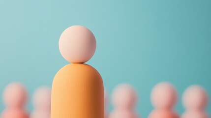 A wooden figure stands tall with a round head on a yellow base, symbolizing leadership and uniqueness among other similar pastel figures in the background