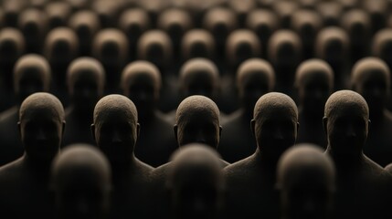 Fototapeta premium A striking arrangement of faceless sculptures fills the space, creating an eerie and thought-provoking atmosphere. The dim lighting enhances the mysterious feel of the artwork