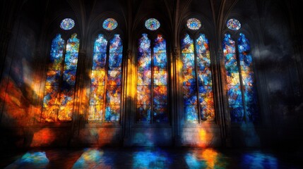 A stained glass window with a blue and yellow design