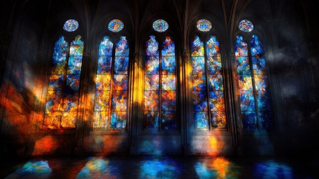 A stained glass window with a blue and yellow design