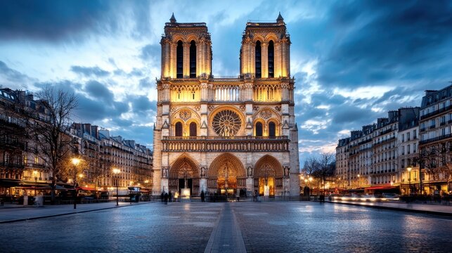 The Notre Dame cathedral is lit up at night