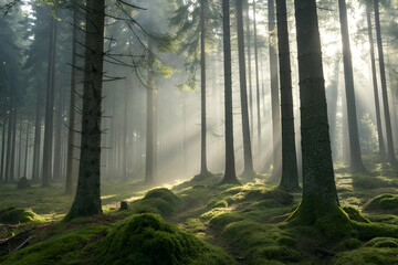 Naklejka premium Misty Forest With Sunlight BeamsAnd Fog