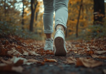 A person is walking through a forest with leaves on the ground