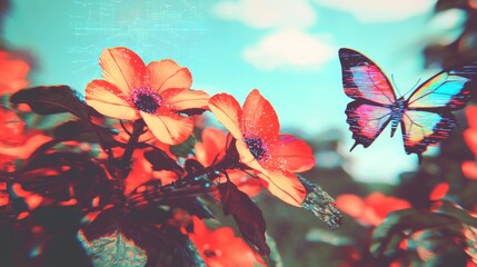 Vibrant Orange Flowers with Glitch Effects Nature Scene Digital Art Bright Day Close-Up Nature's Beauty