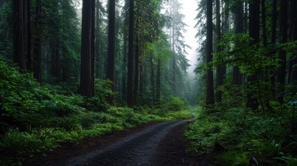 Obraz premium A forest path with trees and a foggy sky