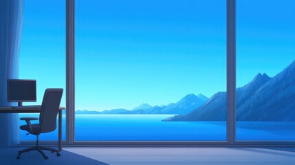 Obraz premium A cozy workplace features a desk with a computer chair, positioned by large windows offering a stunning view of mountains and tranquil blue water, creating a peaceful atmosphere