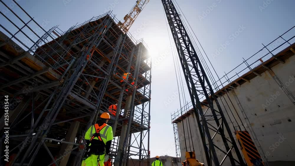 Poster construction workers in safety vests and helmets coordinate on a building site, with a crane and sca