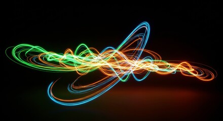Abstract Light Trails: Dynamic interplay of vibrant light trails in teal, orange, and green, creating an abstract design against a black background.  The swirling patterns suggest energy, movement.