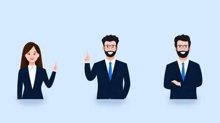 Three professionals stand against a light blue background, showcasing teamwork. One woman gestures with a smile while two men present ideas, one with crossed arms, suggesting collaboration