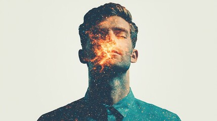 A surreal image of a man with a fiery burst emanating from his face, symbolizing passion, creativity, and inner thoughts.