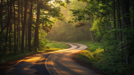 Obraz premium view of winding asphalt road in the middle of pine forest