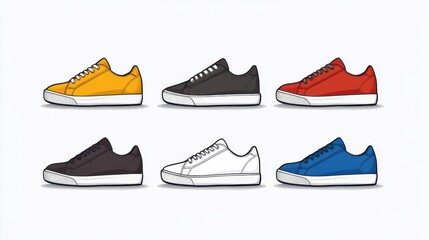 Six pairs of sneakers are displayed in a row, featuring vibrant colors like yellow, red, and blue, contrasted with classic black and white styles, appealing for casual wear