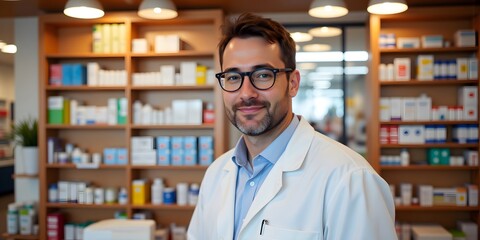 Fototapeta premium Confident Pharmacist Smiles, Shelves of Medicine Blurred in Background. Health, Care, Trust.