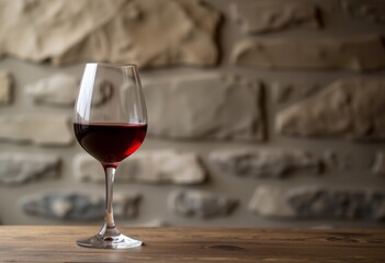 Elegant glass of rich red wine placed on a rustic brick wall backdrop ideal for sophisticated and cozy dining experiences