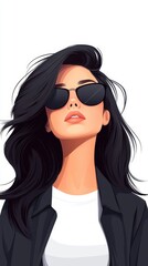 A confident young woman poses with stylish sunglasses, showcasing long, flowing hair and a contemporary outfit. The background is minimalistic, emphasizing her poised demeanor