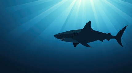 Obraz premium A large shark swims gracefully in the ocean depths, illuminated by sunlight filtering through the water's surface. The scene captures the serene beauty of marine life