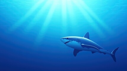 Fototapeta premium A powerful shark glides effortlessly through the serene depths of the ocean. Sunlight filters down, illuminating its sleek body against the vibrant blue backdrop