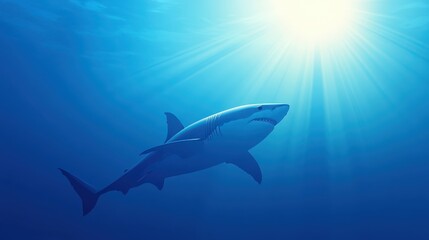 Fototapeta premium A great white shark glides through the tranquil ocean depths, rays of sunlight piercing the surface, creating a serene atmosphere around the powerful predator