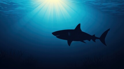 Obraz premium A large shark glides smoothly beneath the surface of the ocean, its silhouette contrasting against the bright sunlight filtering through the water above