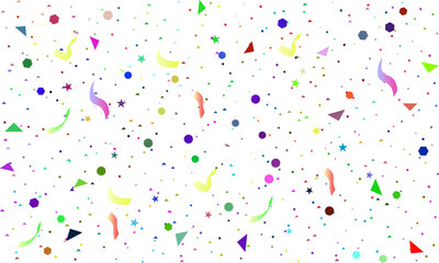 Multicolored tinsel confetti Vector background. Fashionable gold and Multicolored falling magic stars and tinsel on white and transparent background. Celebration carnival ribbons, holiday, birthday.