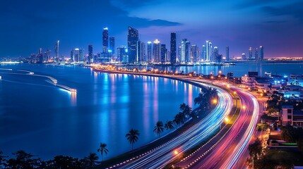 Panoramic nighttime view of a city skyline with a curving road and boats trails on the water