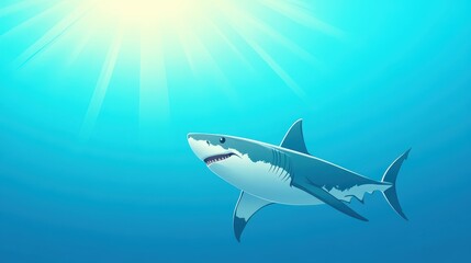 Fototapeta premium A cartoon shark glides gracefully through the vibrant blue ocean. Sunlight filters down, illuminating the underwater landscape and enhancing the aquatic atmosphere