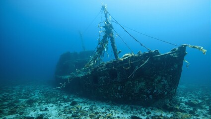 Obraz premium Explore the eerie beauty of a sunken ship adorned with seaweed and marine creatures in the deep ocean depths