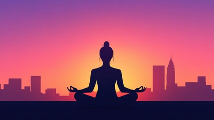 Fototapeta premium A woman is seated in a meditative pose, silhouetted by a colorful sunset. The skyline features tall buildings, providing a calming contrast to the bustling city