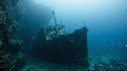 Fototapeta premium Explore the mysterious depths with this captivating image of a sunlit shipwreck nestled at the foot of an underwater cliff teeming with marine life