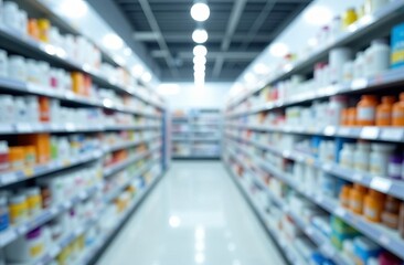 Fototapeta premium Interior of pharmacy with medicines on shelves, blurred abstract background