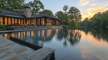 Fototapeta premium Lakeside house with pool at sunset