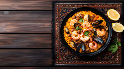 Seafood paella, overhead view, wooden table, recipe background, food photography