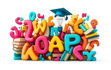 Vibrant colorful books and alphabet letters with a light bulb and graduation cap, symbolizing education and knowledge, white background, 3D design