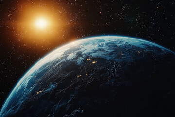 Obraz premium Earth from space: vast blue oceans, swirling white clouds, patches of green landmasses, with illuminated urban areas and thin white atmosphere layer.