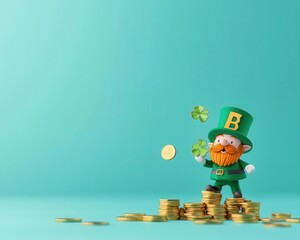 A leprechaun counting green and gold coins labeled Dividends in a festive setting