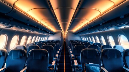 Fototapeta premium Empty Airplane Cabin With Comfortable Seats and Illuminated Aisle, Travel Themed Image