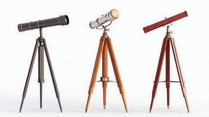 Three vintage telescopes with wooden tripods, showcasing a blend of craftsmanship and historical design, set against a white background.