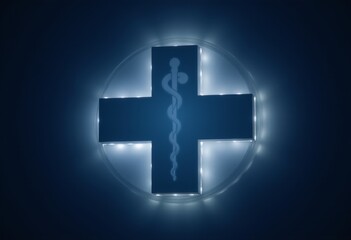 Fototapeta premium Illuminated Medical Cross Symbol with Caduceus on Blue Leather Background for Healthcare and Medical Themes