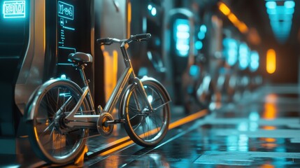 A small silver bicycle is parked in a dimly lit room