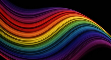 Obraz premium Rainbow Wave Abstract: Vibrant, flowing lines of rainbow hues create a dynamic, abstract wave against a black background. The image evokes feelings of energy, movement, and visual excitement. 